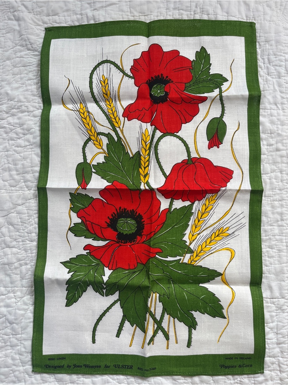 NEW Vtg Ulster Irish Linen Tea Towel Poppies & Corn Joan Wemyss Green Red Floral
